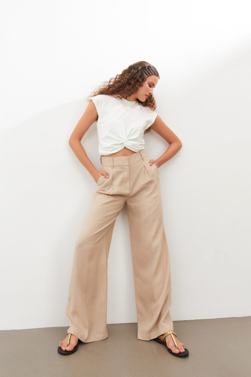 Setre Pleat Detailed Linen Trousers Beige