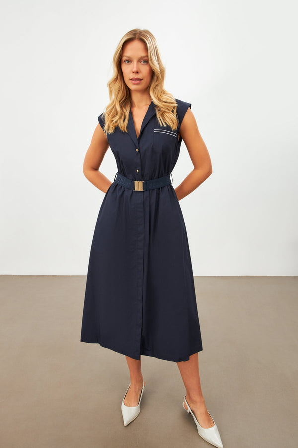 Setre Embroidered Detail Midi Dress Navy