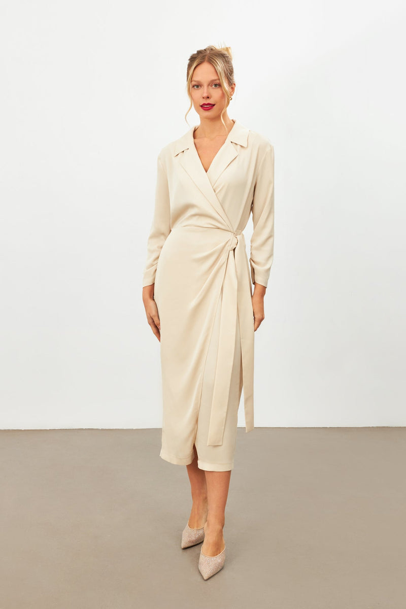 Setre Wrap Tie Detail Midi Dress Beige