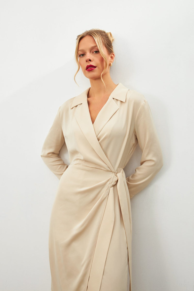 Setre Wrap Tie Detail Midi Dress Beige