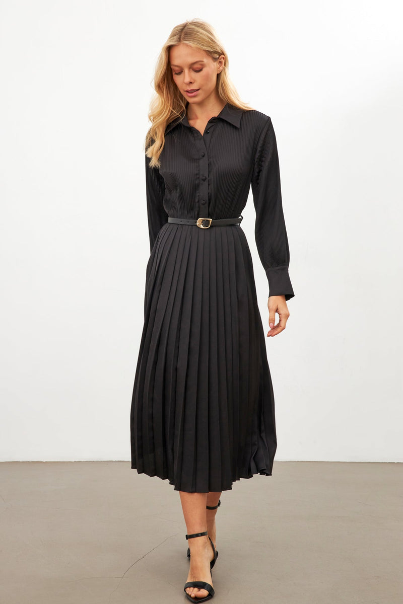 Setre Belted Pleated Shirt Collar Long Sleeve Dress Black