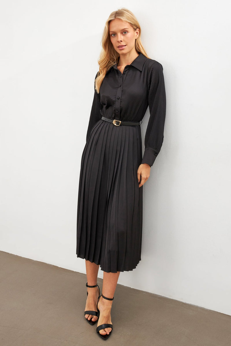 Setre Belted Pleated Shirt Collar Long Sleeve Dress Black