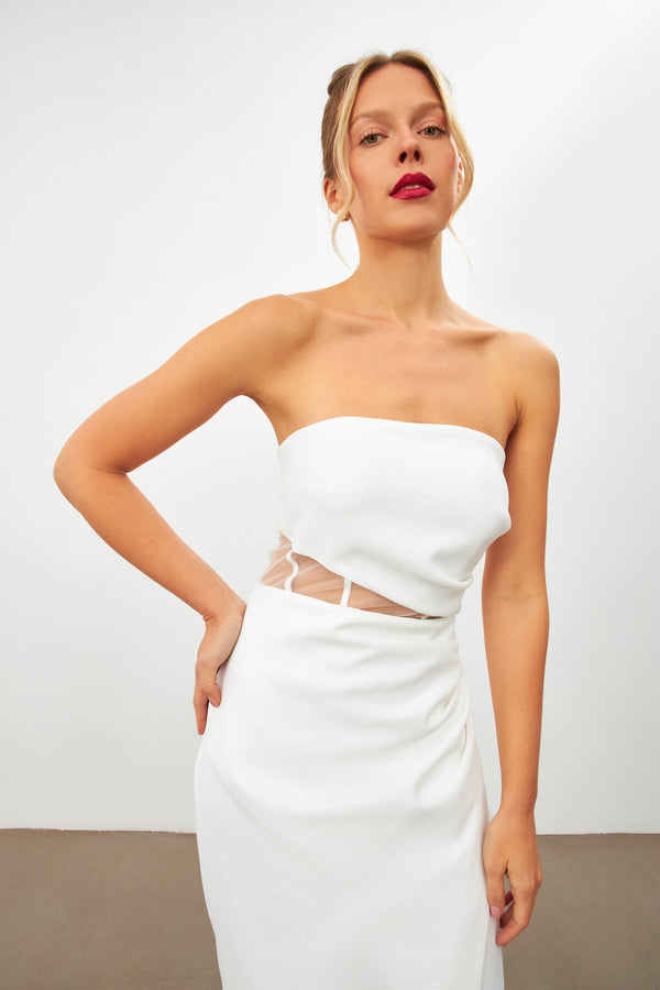 Setre Strapless Waist Translucent Detail Slit Dress Ecru