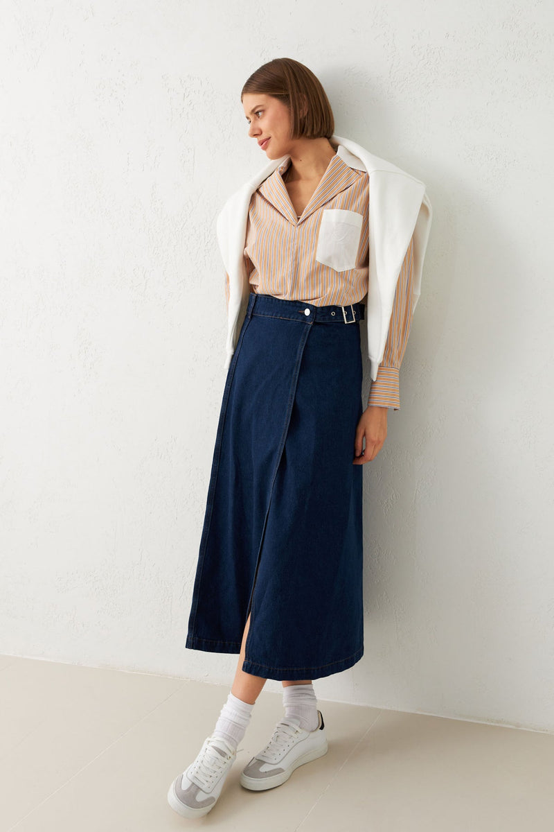 Setre Asymmetric Closure Denim Skirt Navy