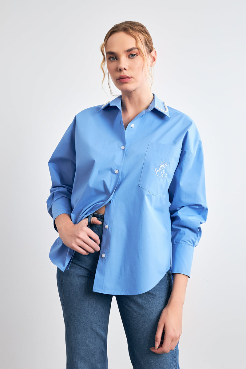 Setre Collar-Pearl Embellished Shirt Blue