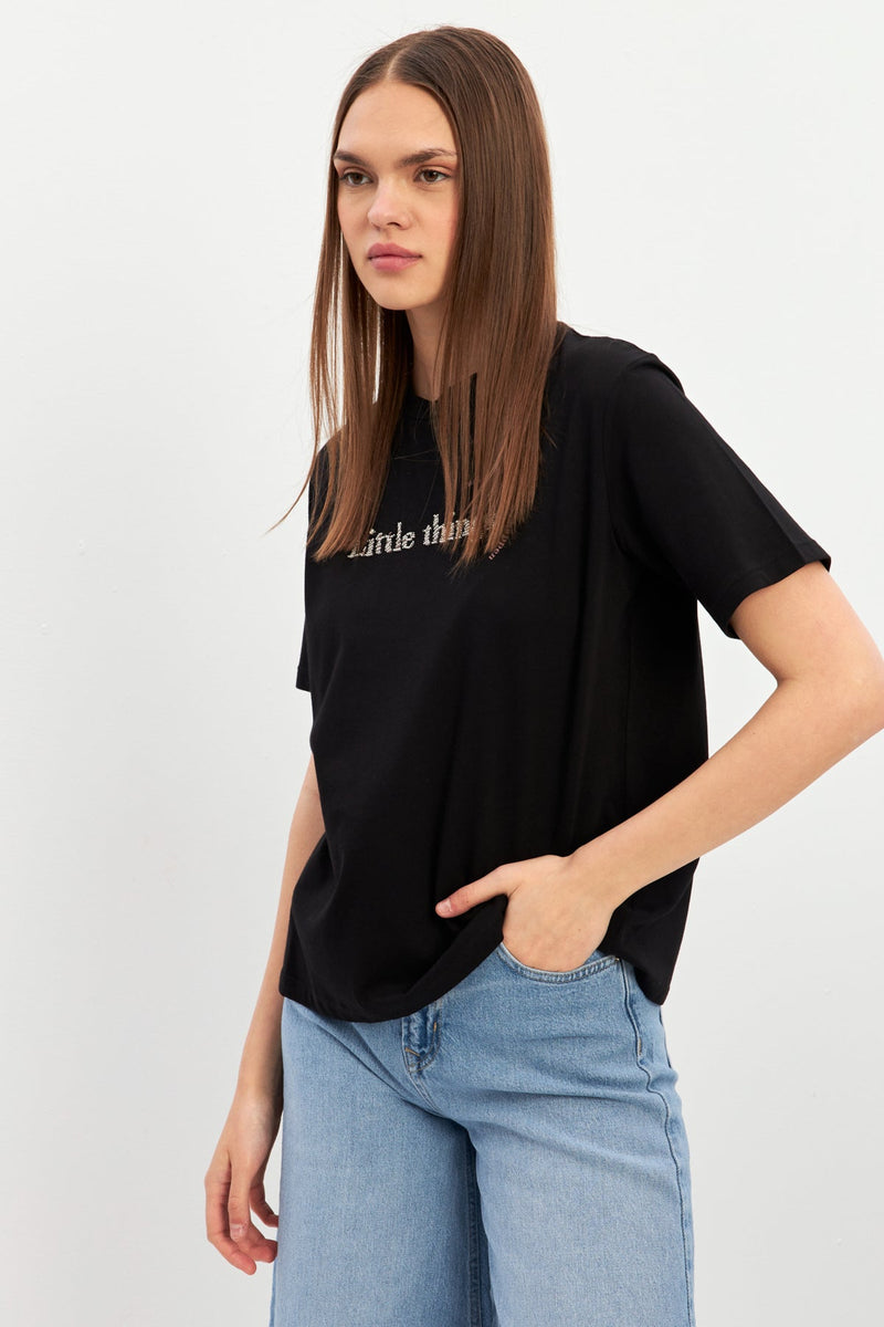 Setre Mini Print Detailed Crew Neck T-Shirt Black