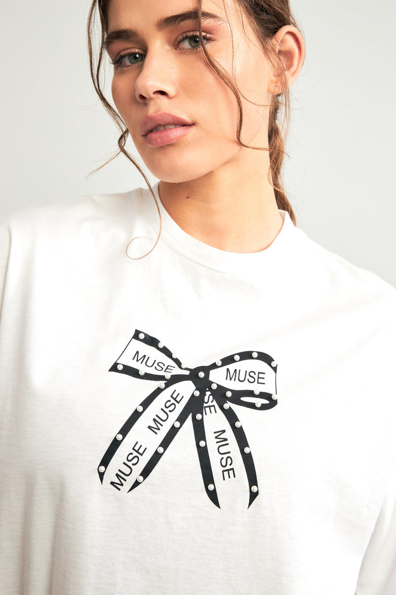 Setre T-Shirt With Bow Print And Pearl Detail Ecru