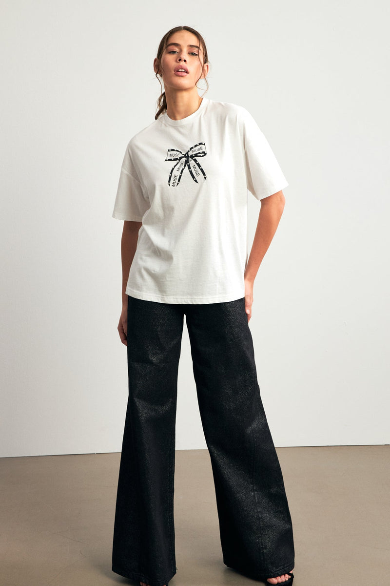 Setre T-Shirt With Bow Print And Pearl Detail Ecru