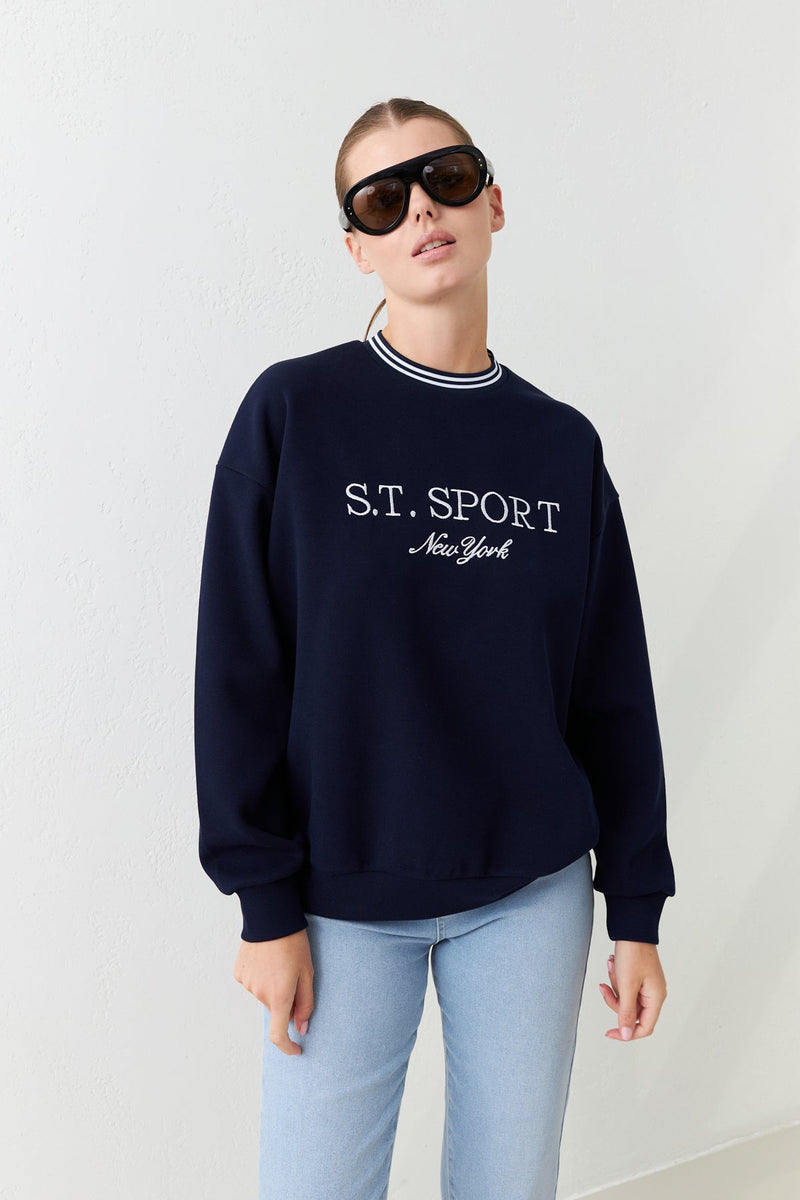 Setre Collar Detailed Print Detailed Sweatshirt Navy