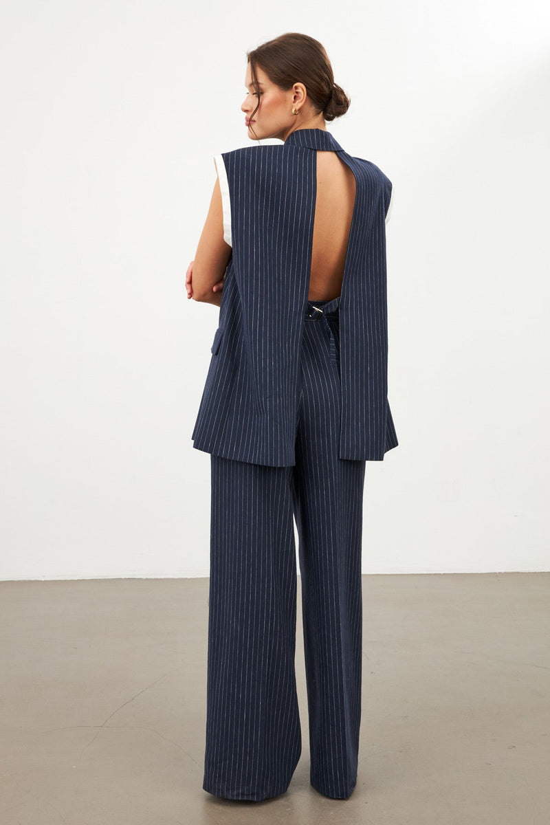 Setre Striped Vest And Pants Set With Line Detail Navy