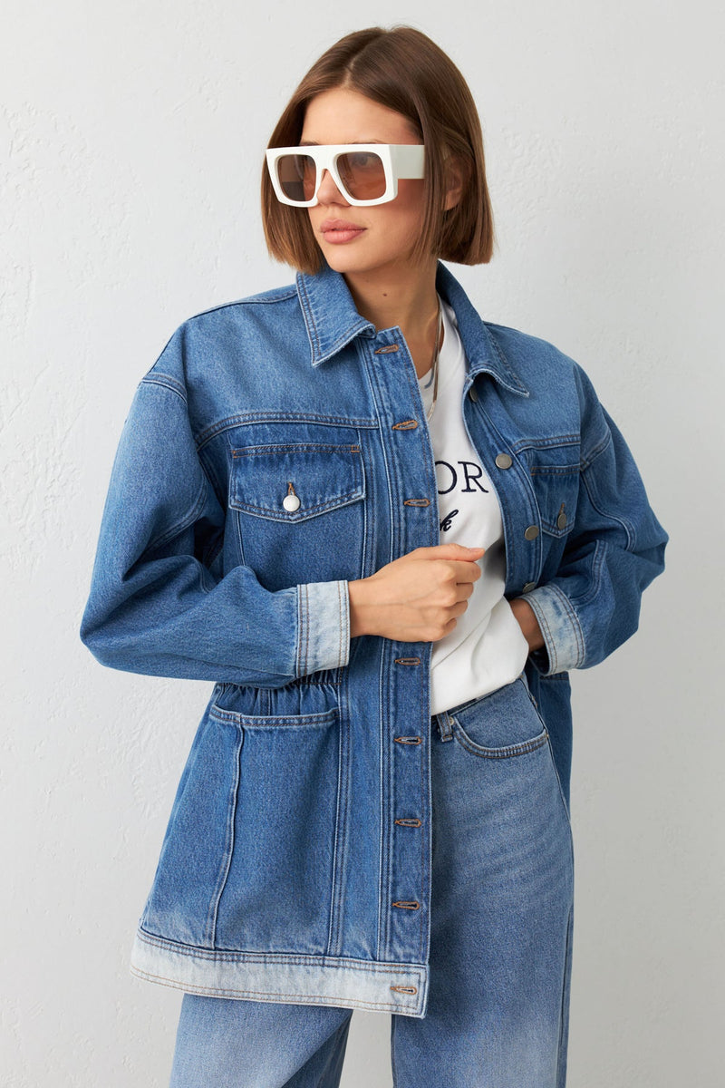 Setre Gathered Waist Denim Jacket Blue