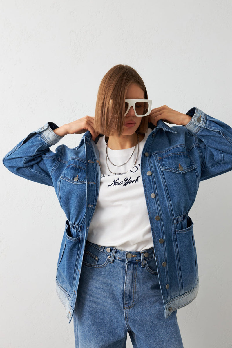 Setre Gathered Waist Denim Jacket Blue