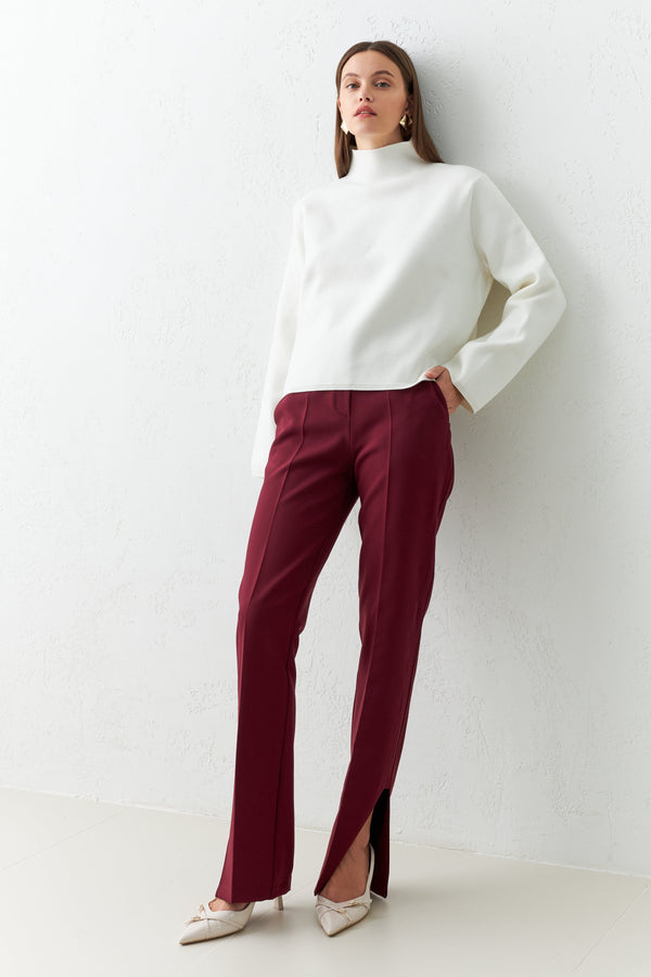 Setre Waist Detailed Pocketed Full Pattern Trousers Burgundy