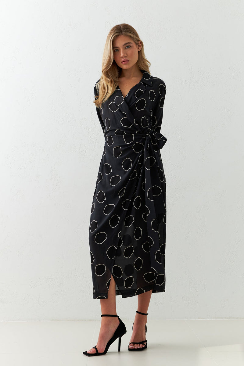 Setre Patterned Wrap Detail Dress Black