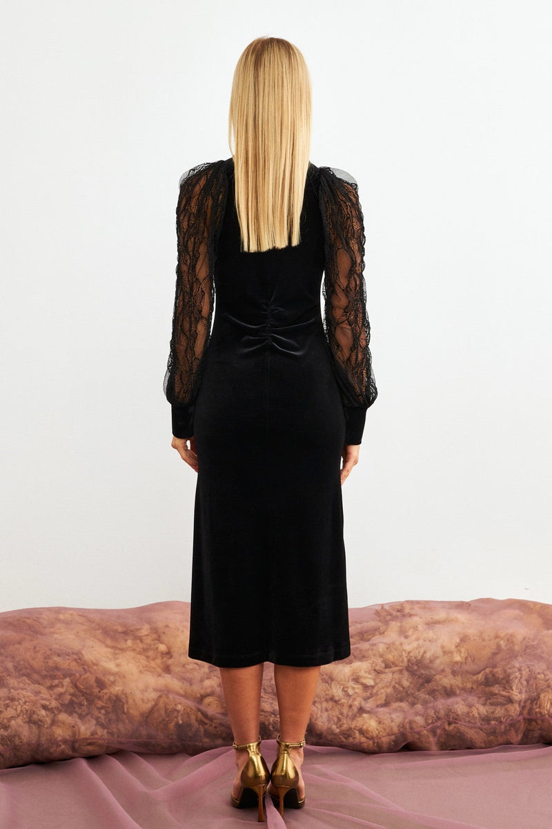 Setre Midi Dress With Lace Sleeves  Black