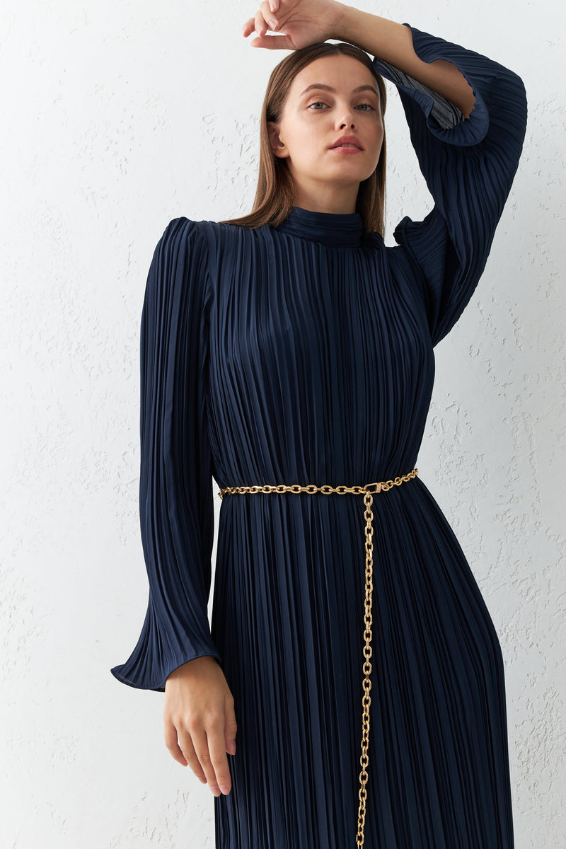 Setre Turtleneck Belt Detailed Midi Full Fit Dress D. Navy