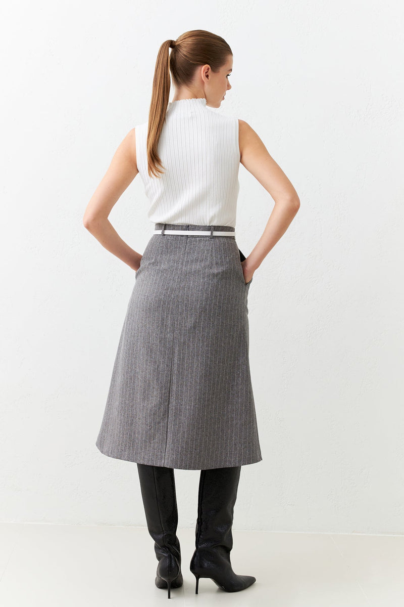 Setre Striped Asymmetrical Detailed Pocket Midi Skirt Grey