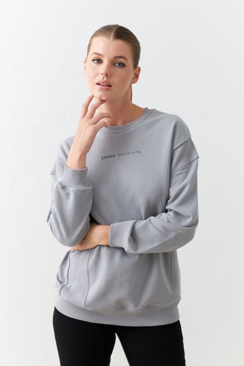 Setre Print And Crew Neck Shoulder Detailed Sweatshirt Grey