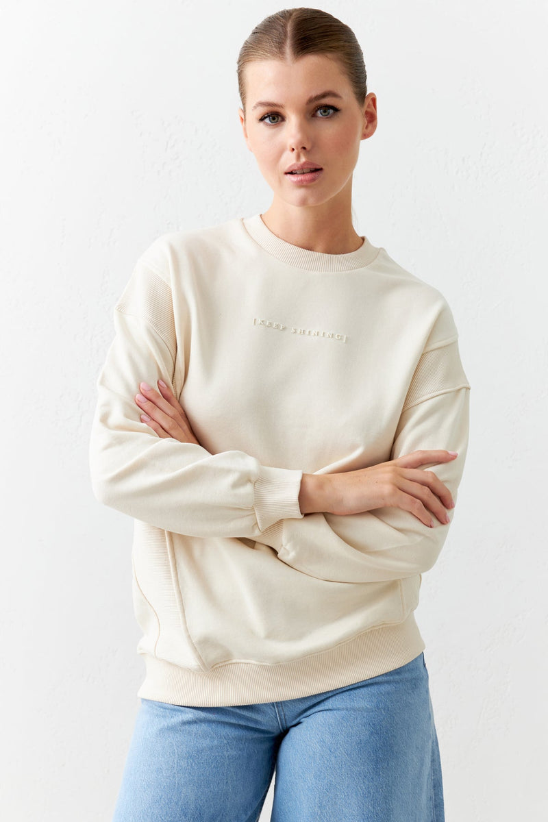 Setre Print And Crew Neck Shoulder Detailed Sweatshirt Cream