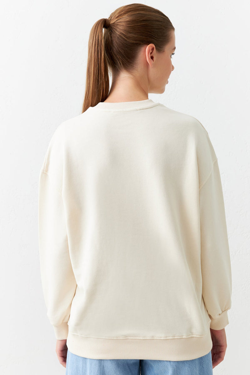 Setre Print And Crew Neck Shoulder Detailed Sweatshirt Cream