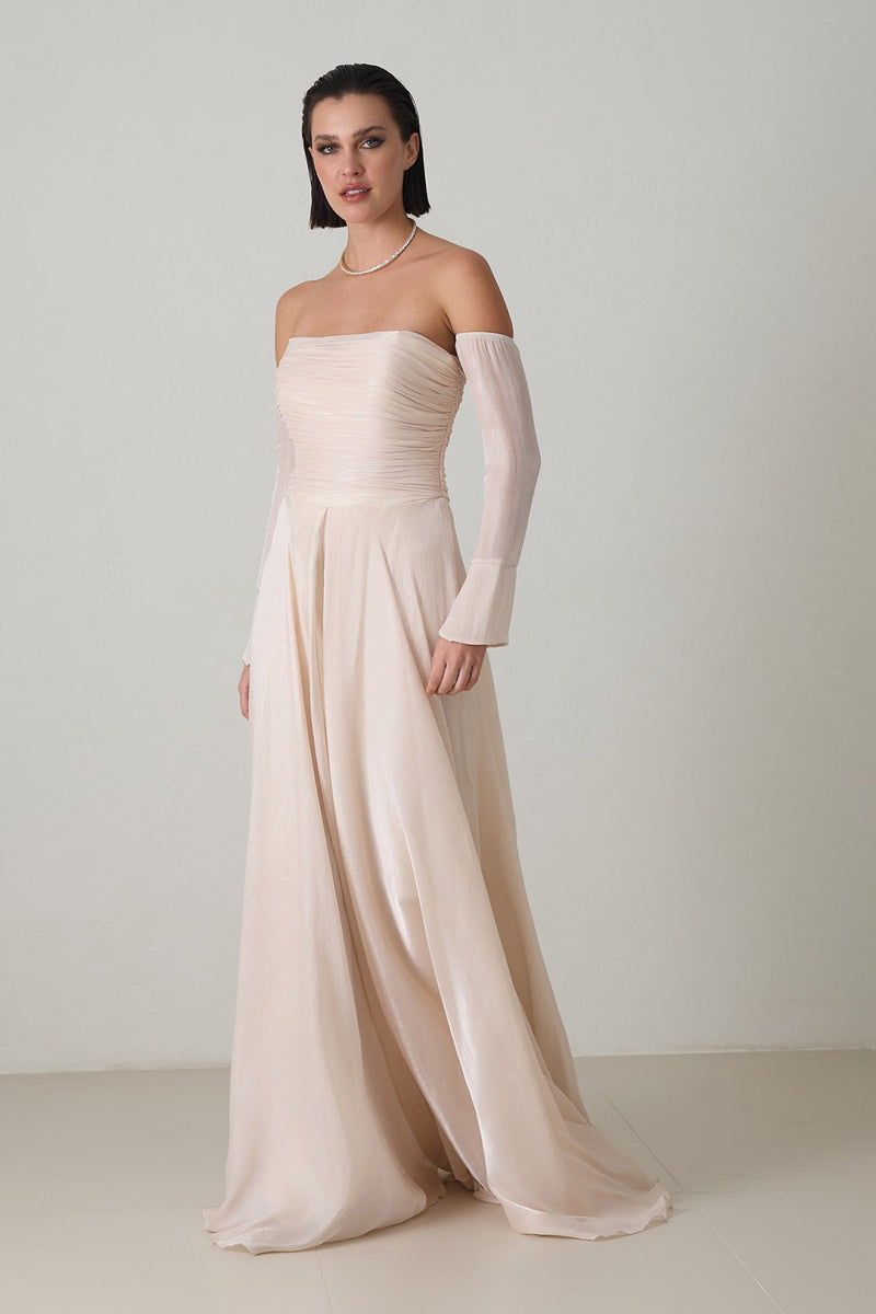 Setre Strapless Sleeve Detailed Evening Jumpsuit Stone