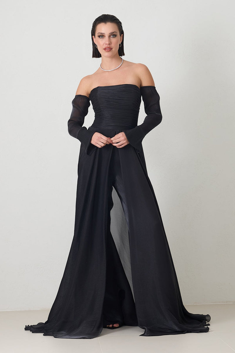 Setre Strapless Sleeve Detailed Evening Jumpsuit Black