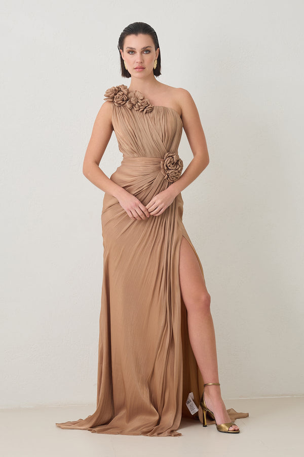 Setre One Shoulder Evening Dress With Rose Detail And Slit Dark Gold