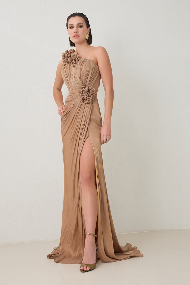 Setre One Shoulder Evening Dress With Rose Detail And Slit Dark Gold