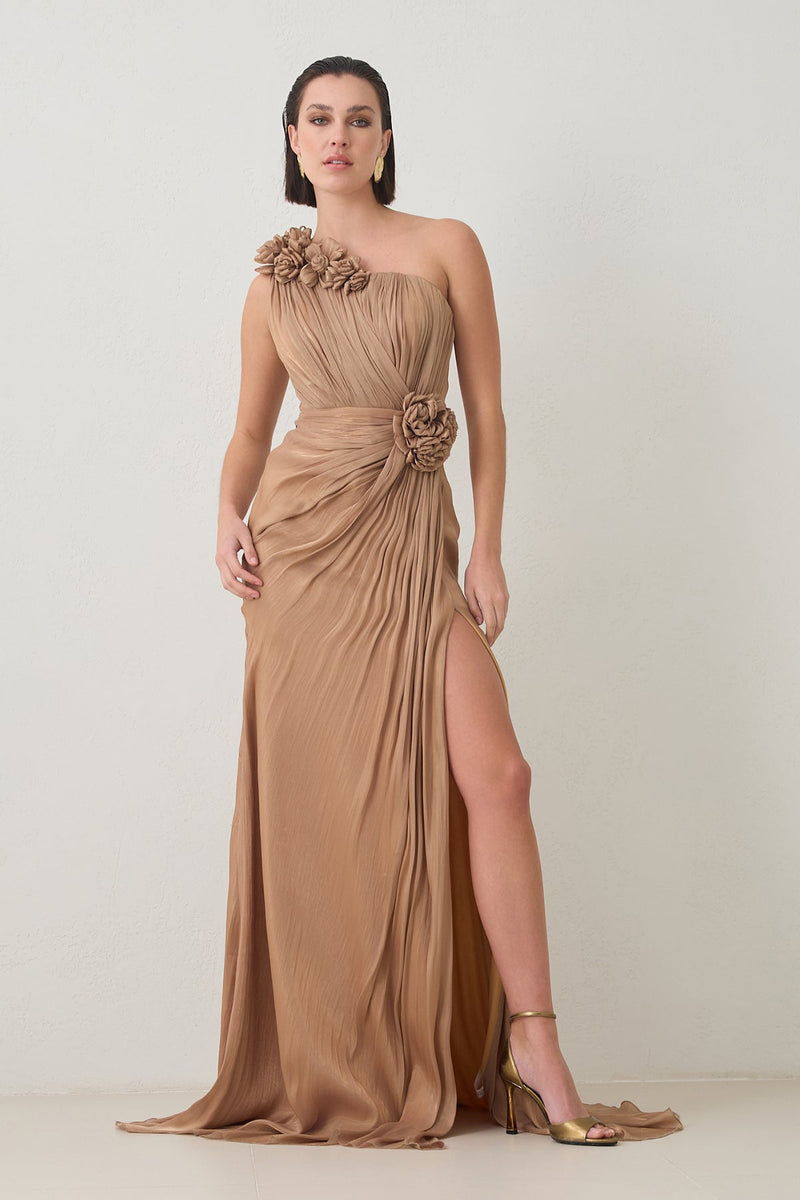 Setre One Shoulder Evening Dress With Rose Detail And Slit Dark Gold