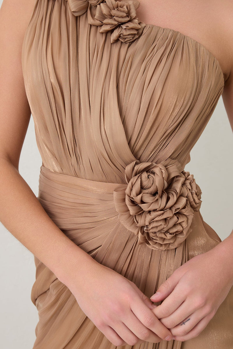 Setre One Shoulder Evening Dress With Rose Detail And Slit Dark Gold