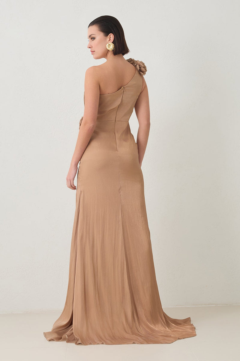 Setre One Shoulder Evening Dress With Rose Detail And Slit Dark Gold