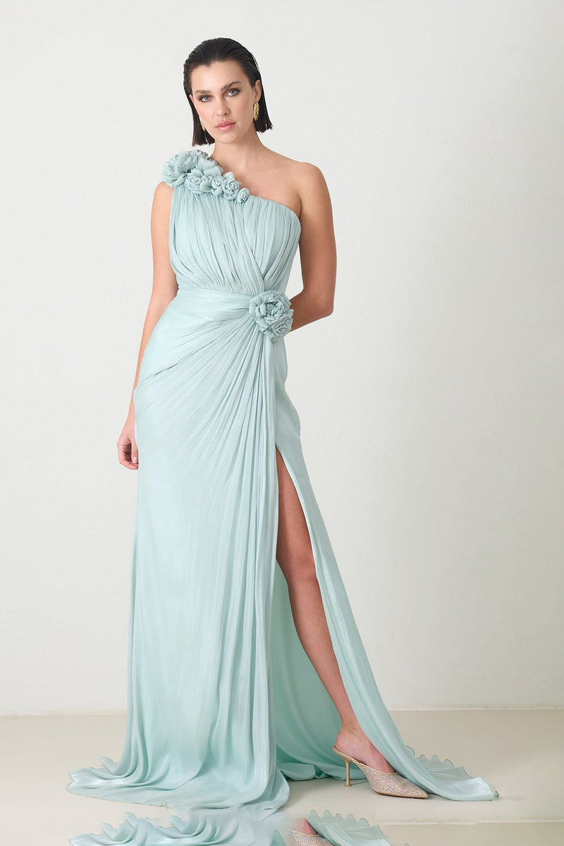 Setre One Shoulder Evening Dress With Rose Detail And Slit Mint