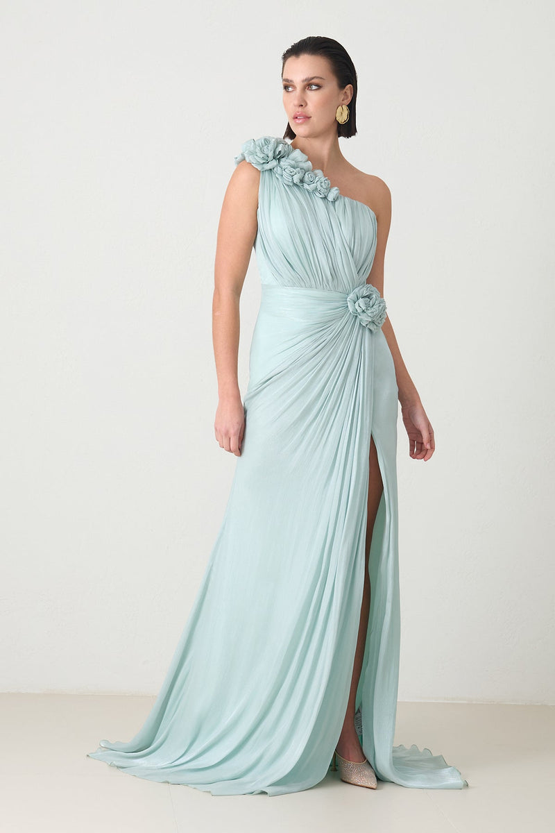 Setre One Shoulder Evening Dress With Rose Detail And Slit Mint