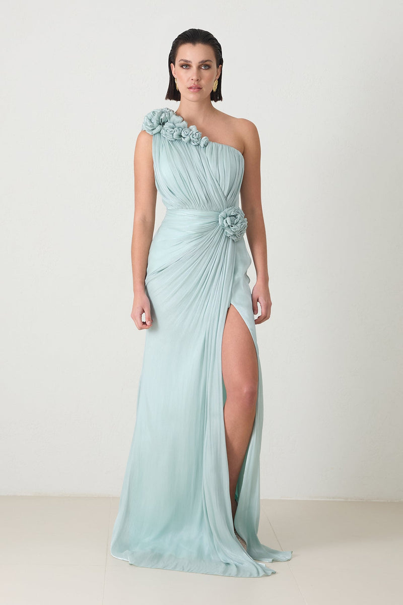 Setre One Shoulder Evening Dress With Rose Detail And Slit Mint