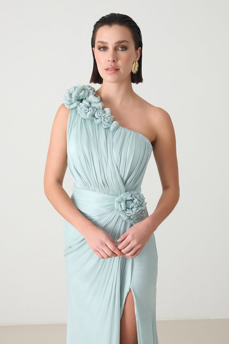 Setre One Shoulder Evening Dress With Rose Detail And Slit Mint