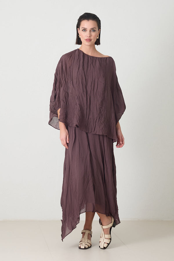 Setre Relaxed Cut Blouse Midi Length Asymmetrical Skirt Suit Brown