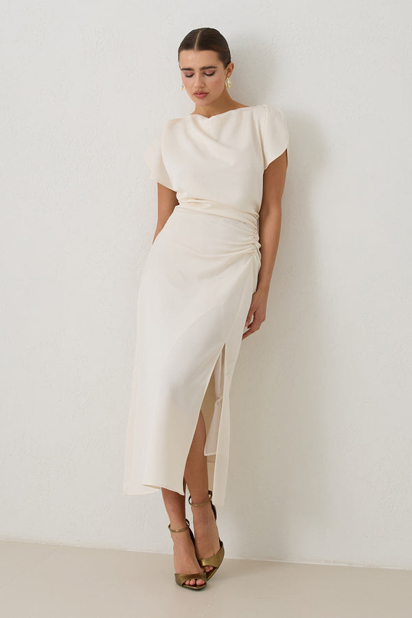 Setre Side Gather Detailed Waist Fitted Dress Cream