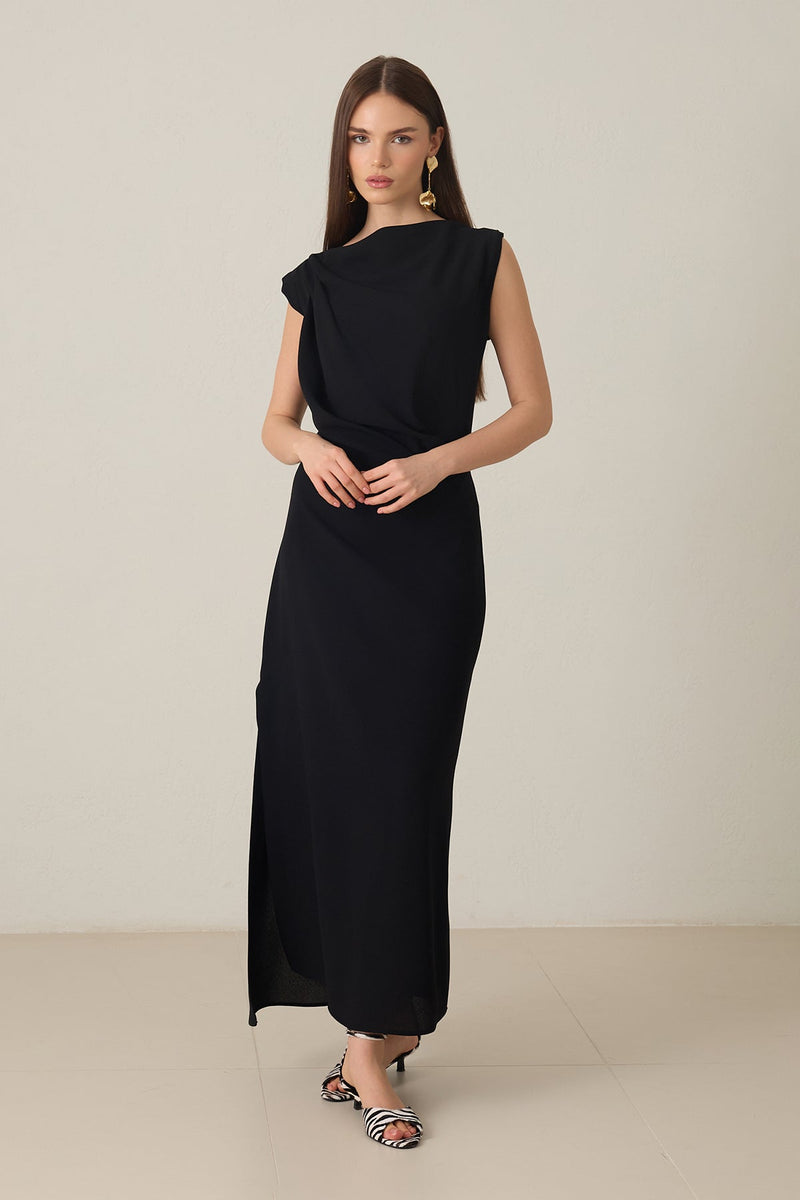 Setre Collar Detailed Asymmetrical Cut Dress Black