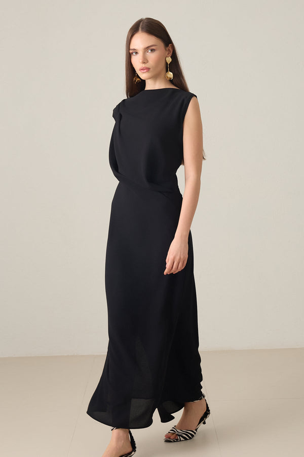 Setre Collar Detailed Asymmetrical Cut Dress Black