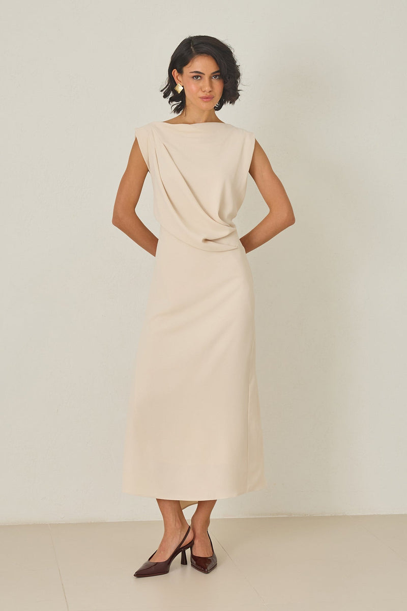 Setre Collar Detailed Asymmetrical Cut Dress Beige