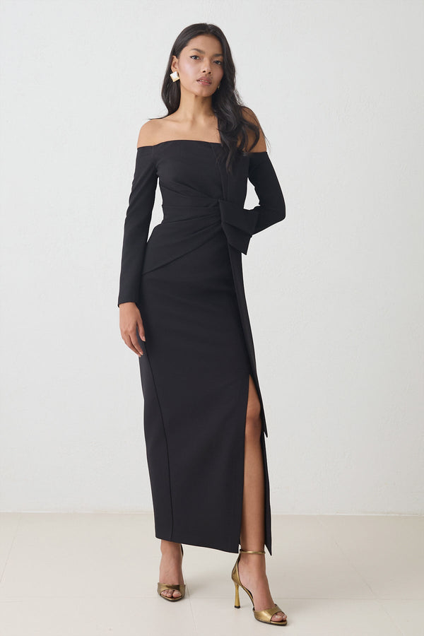 Setre Asymmetrical Neck And Waist Detailed Slit Dress Black