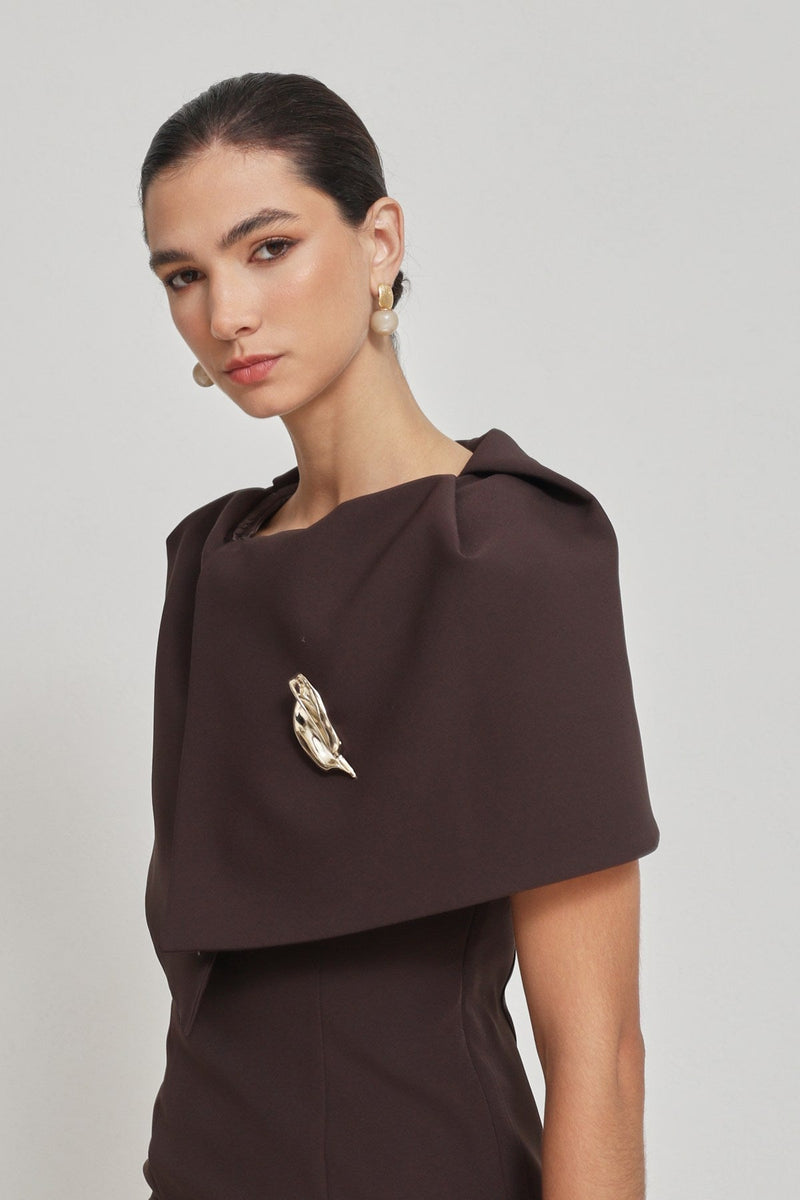 Setre Collar Detailed Full Cut Midi Length Dress Coffee Brown