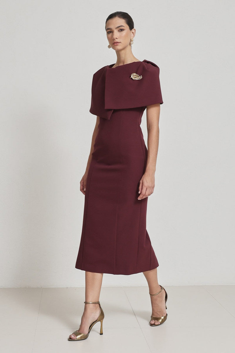 Setre Collar Detailed Full Cut Midi Length Dress Burgundy