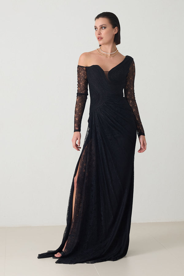 Setre Shoulder Detailed Waisted Long Evening Dress Black