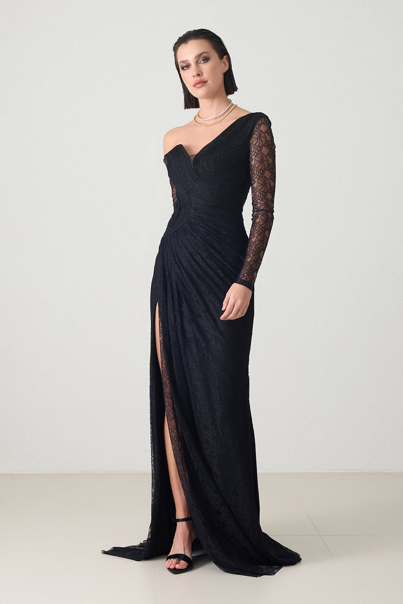 Setre Shoulder Detailed Waisted Long Evening Dress Black