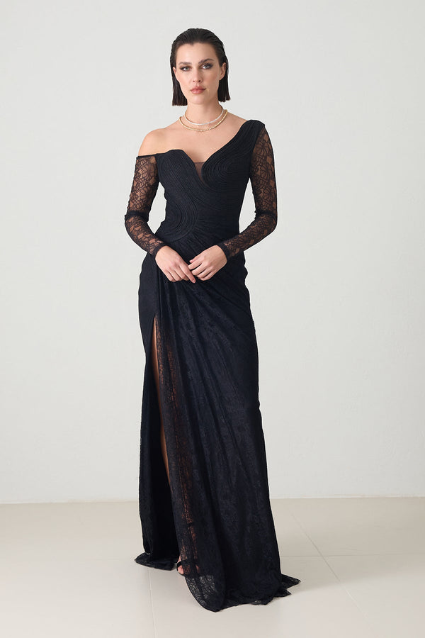 Setre Shoulder Detailed Waisted Long Evening Dress Black