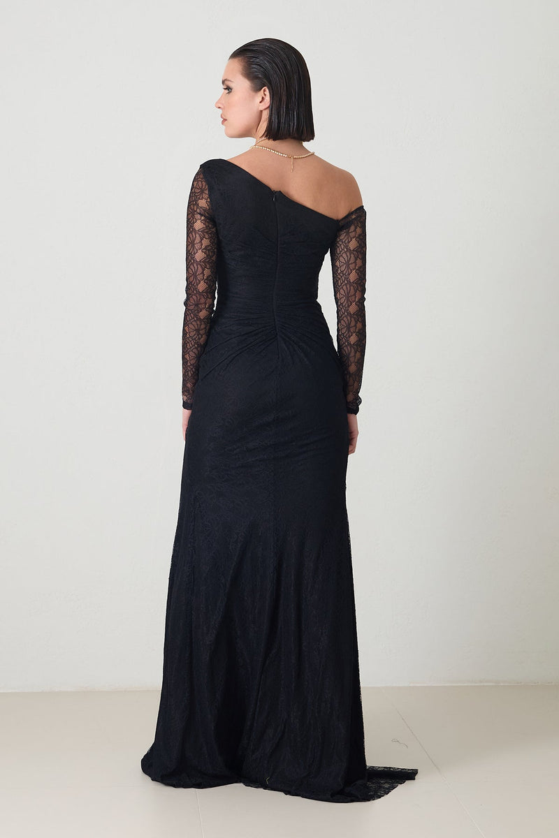 Setre Shoulder Detailed Waisted Long Evening Dress Black