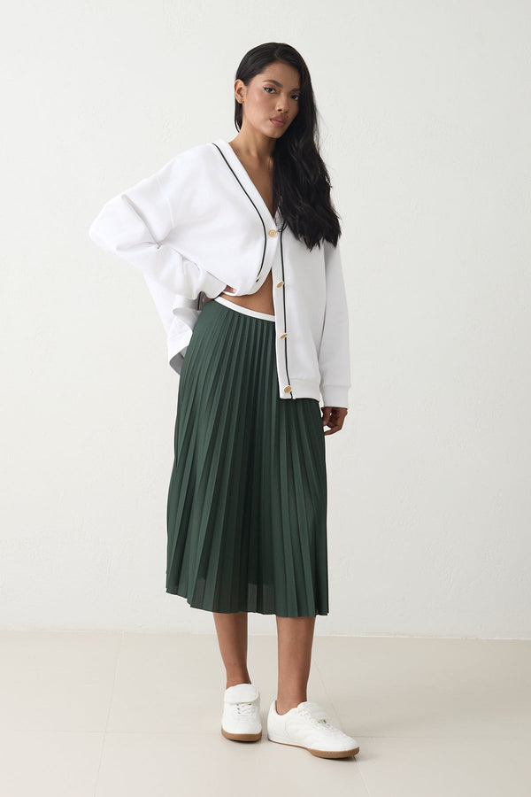 Setre Contrast Waist Pleated Skirt Green