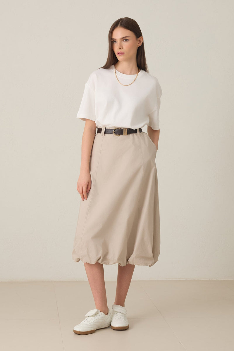 Setre Belt Detailed Midi Length Balloon Skirt Beige