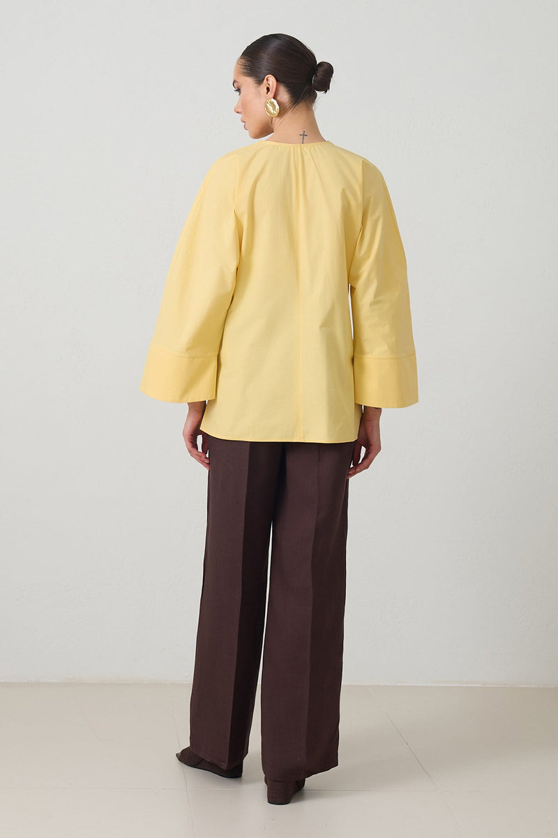 Setre V Neck Gathered Detail Cotton Shirt Light Yellow